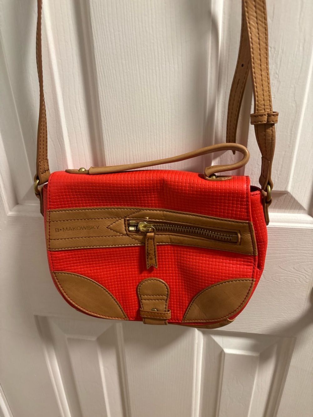 b. makowsky Red Crossbody with Tan Trim and Gold Hardware